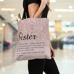 Sister Definition Script Rose Gold Glitter Tote Bag