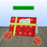 Sister family red christmas parcel modern holiday card<br><div class="desc">Personal Christmas greetings for your sister and her family. The card has the appearance of a parcel with a colourful pattern of stylized snowflakes in golden and green colours on a red background. The parcel is tied with a golden 'ribbon', and has a 'gift tag' with the message "Happy Christmas...</div>