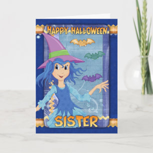 sister halloween greeting card with little witch