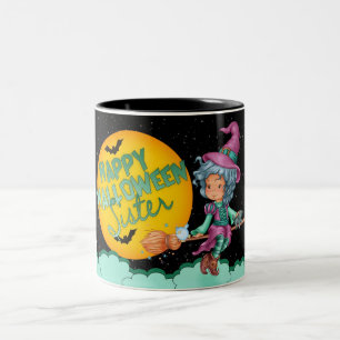 sister halloween mug with cute little witch