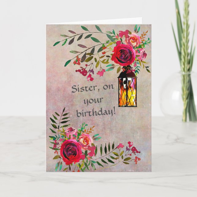 SISTER Happy Birthday with Flowers Card (Front)