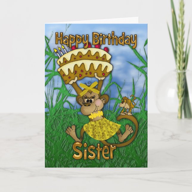 Sister Happy Birthday with monkey holding cake Card (Front)
