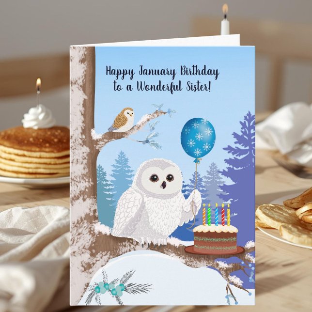 Sister Happy January Birthday Snowy Owl Card (Creator Uploaded)