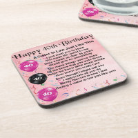 Sister in Law Poem 40th Birthday Coaster Zazzle