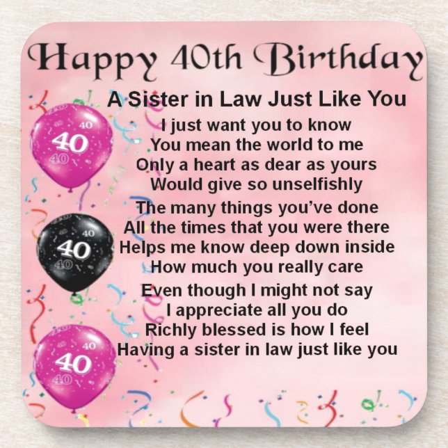 Sister in Law Poem  40th Birthday Coaster (Front)
