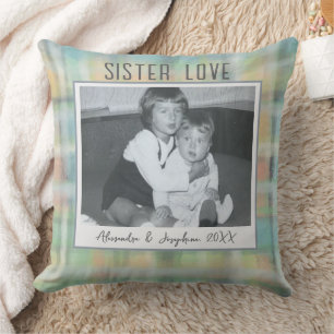 Sister Love photo keepsake custom pastel tartan Throw Pillow