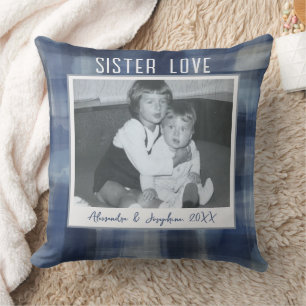 Sister Love photo keepsake names custom blue plaid Throw Pillow