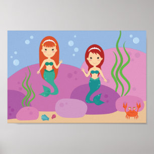 Sister mermaids underwater waving nursery poster. poster