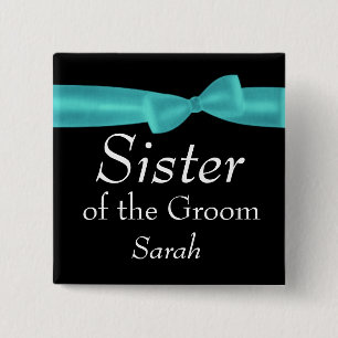 SISTER of Groom Aqua Bow Wedding Custom Name Y138 2 Inch Square Button