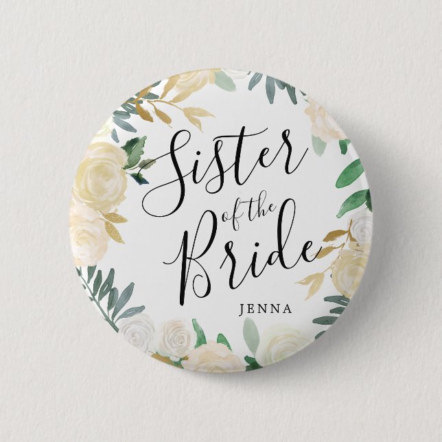 Sister of the Bride | White Rose Bouquet Wedding 2 Inch Round Button (Front)