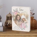 Sister Photo Floral Frame Geometric Gold Heart Wooden Box Sign<br><div class="desc">Custom Photo block which you can personalize for anyone and add a favourite saying or words from the heart. Your photo is set into a geometric heart shaped gold frame. The gemstone frame is decorated with watercolor bouquets of pink flowers. It is lettered with the wording "Sister .. always caring...</div>