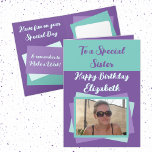 Sister photo name purple green birthday card<br><div class="desc">To a special sister.
Happy birthday.
Add a name and photo.
Purple, green and mint.</div>