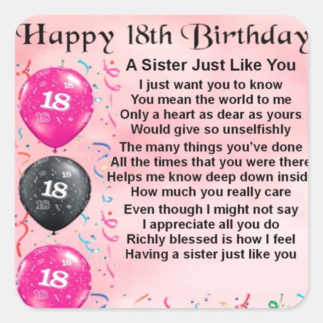 Sister Poem  -   18th Birthday Design Square Sticker (Front)