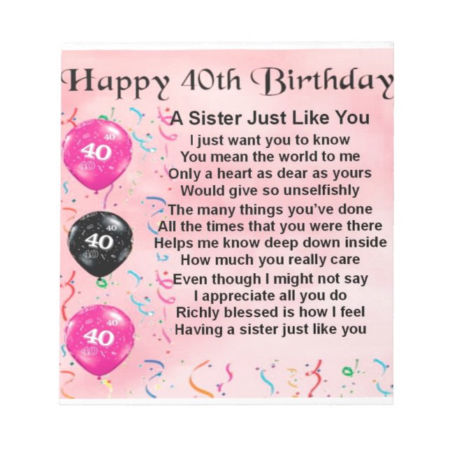 Sister Poem - 40th Birthday Notepad (Front)