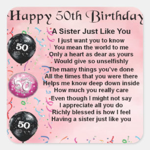 sister poem - 50th birthday design square sticker