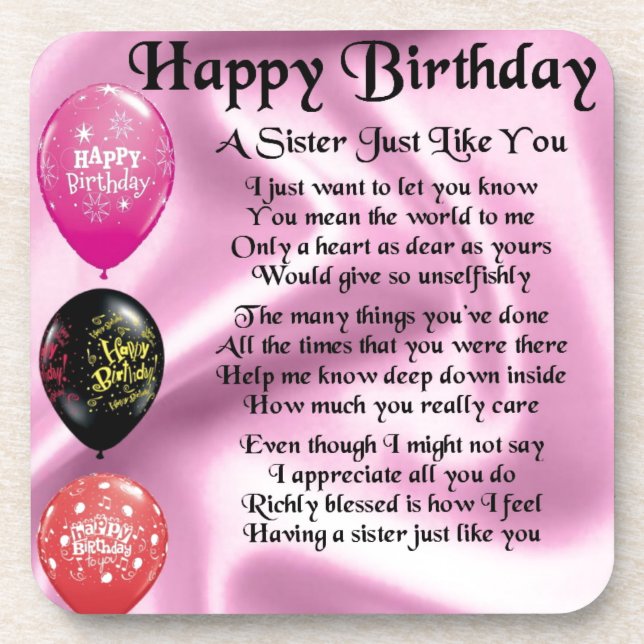 Sister Poem - Happy Birthday Design Coaster (Front)