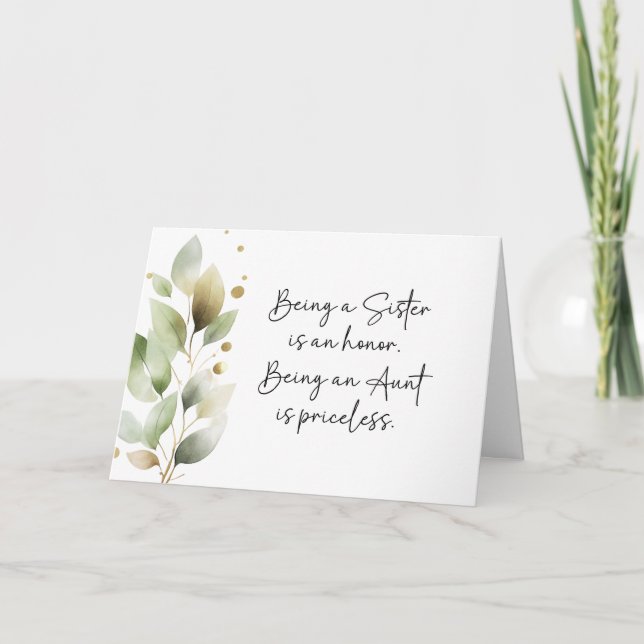 Sister to Aunt Announcement Script Eucalyptus Card (Front)