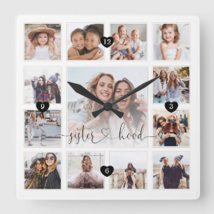 Sisterhood Script Family Memory Photo Grid Collage Square Wall Clock