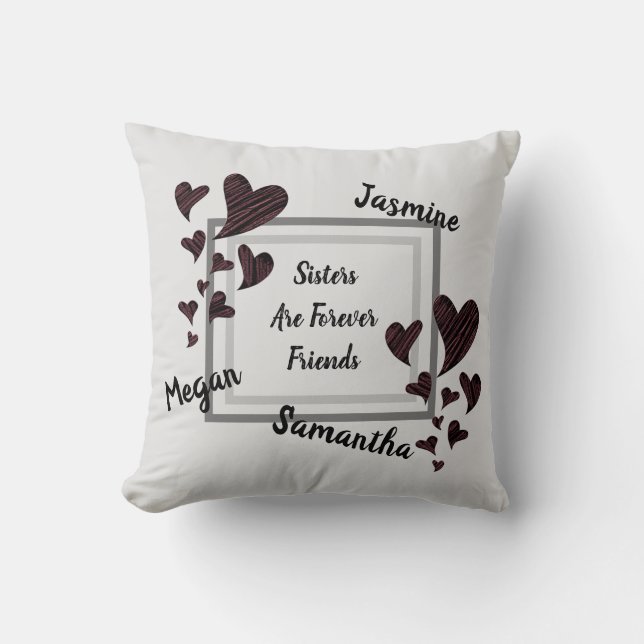 Sisters are Forever Friends Red Hearts Sibling Throw Pillow (Front)