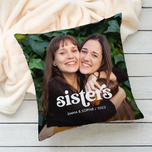 Sisters   Boho Text Overlay with Two Photos Throw Pillow