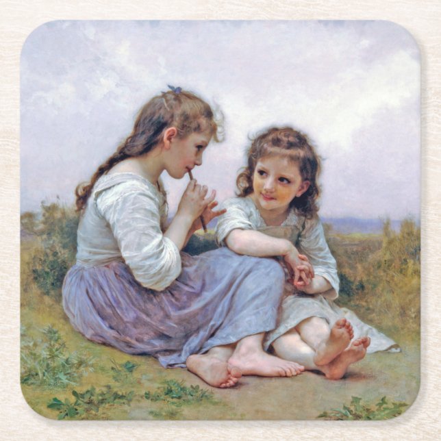 Sisters, Bouguereau Square Paper Coaster (Front)