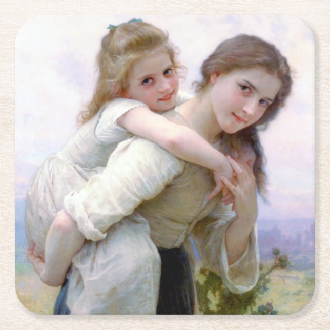 Sisters, Bouguereau Square Paper Coaster (Front)