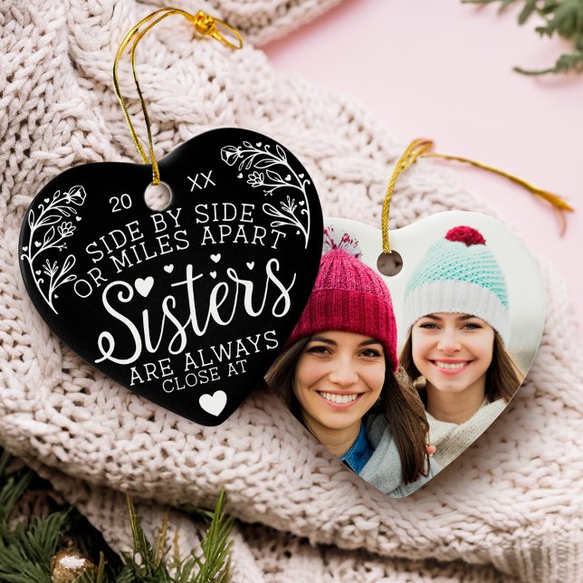 Sisters Connected At Heart Photo Keepsake Black Ceramic Ornament (Sisters Connected At Heart Photo Keepsake Black Ceramic Ornament)