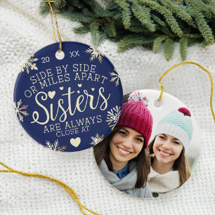 Sisters Connected At Heart Photo Keepsake Navy Ceramic Ornament