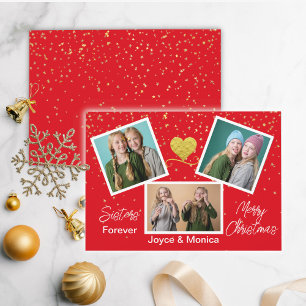 Sisters Forever Christmas Vivid Red Photo Collage  Holiday Card