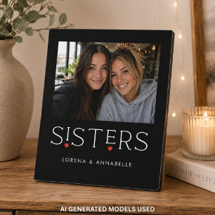 Sisters Heart Typography Black Photo Plaque