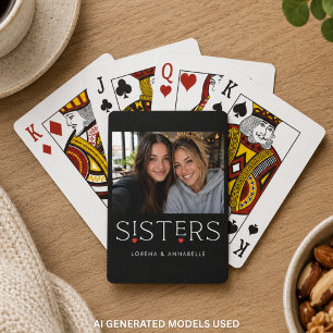 Sisters Heart Typography Black Photo Playing Cards