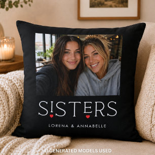 Sisters Heart Typography Black Photo Throw Pillow