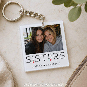 Sisters Heart Typography White Photo Keychain