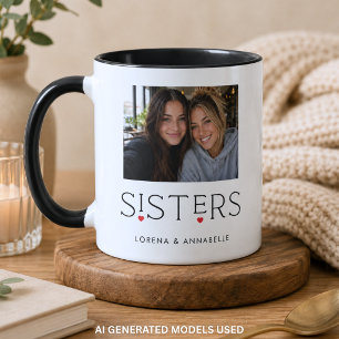 Sisters Heart Typography White Photo Mug
