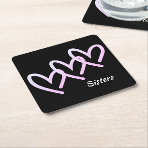 Sisters  Love Heart Black Square Paper Coaster