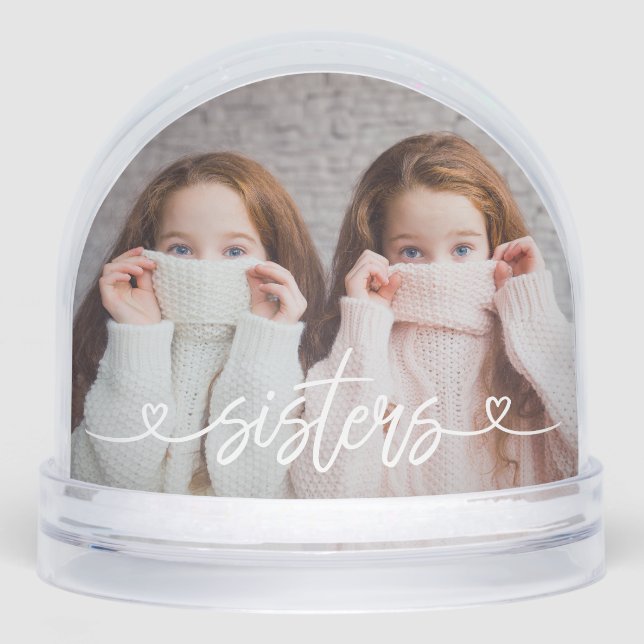 Sisters Love Hearts Personalized Photo Snowglobe (Front)