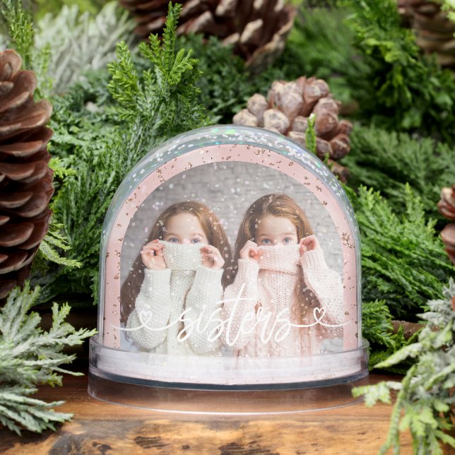 Sisters Love Hearts Pink Personalized Photo Snowglobe (Winter)