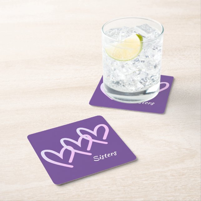 Sisters Love Purple Heart Square Paper Coaster (Insitu)