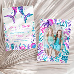 Sisters Mermaid Joint Birthday Party Photo Invitation<br><div class="desc">This watercolor mermaid joint birthday party invitation is ideal for a sisters or two close friends birthday party. On the front of the invitation are two hand painted watercolor mermaid tails with coral, sea shells and sea creatures in a colour palette of turquoise, pink and purple. On the back of...</div>