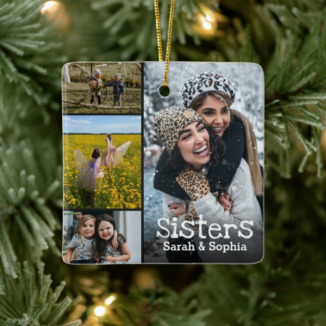 Sisters Modern Personalized 8 Photo Collage Ceramic Ornament (Tree)