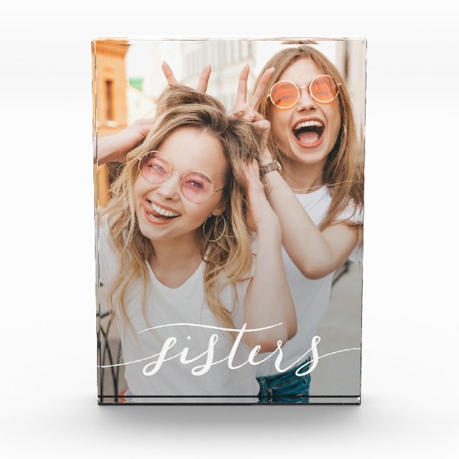 Sisters Modern Script Keepsake Photo Block (Front)