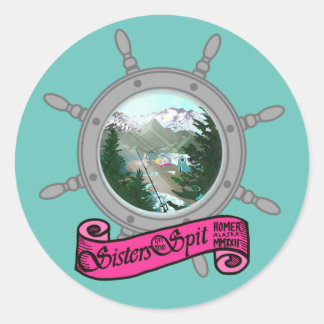 Sisters On The Spit turquoise round sticker