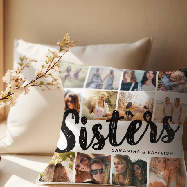 SISTERS, Photo Collage & Names Sibling Throw Pillow (Creator Uploaded)