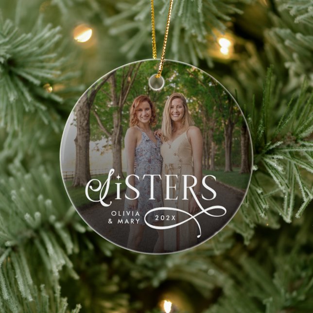 Sisters Photo Personalized Monogram Ceramic Ornament (Tree)
