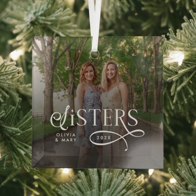 Sisters Photo Personalized Monogram Glass Ornament (Insitu)