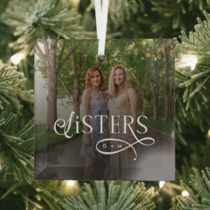 Sisters Photo Personalized Monogram Glass Ornament