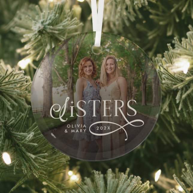 Sisters Photo Personalized Monogram Glass Ornament (Insitu)