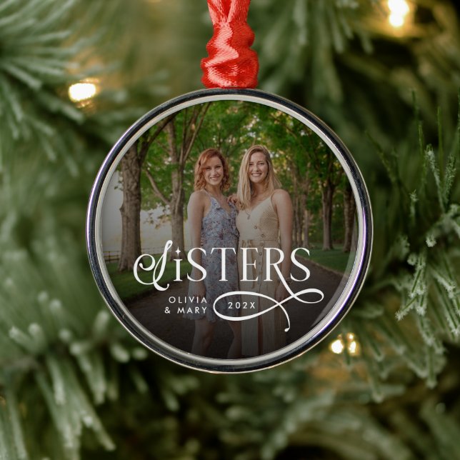 Sisters Photo Personalized Monogram Metal Ornament (Tree)