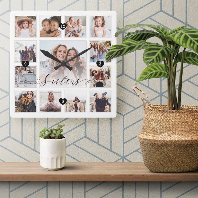 Sisters Script Family Memory Photo Grid Collage Square Wall Clock (Creator Uploaded)