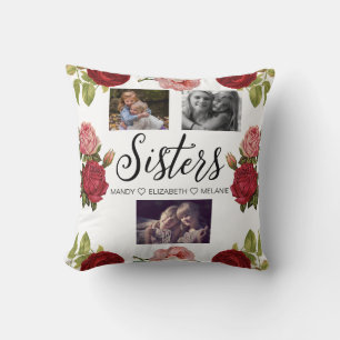 Sisters Script   Gift For Sisters Photo Collage Throw Pillow